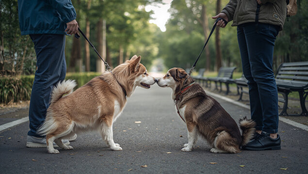 犬の触れ合いが人の会話を生む公園の出会いを象徴する情景