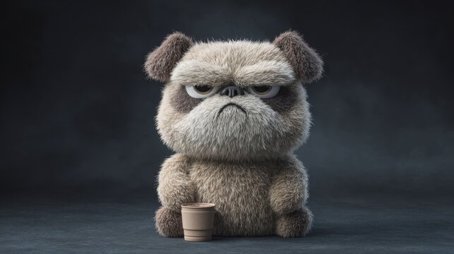 Grumpy dog with cup stares