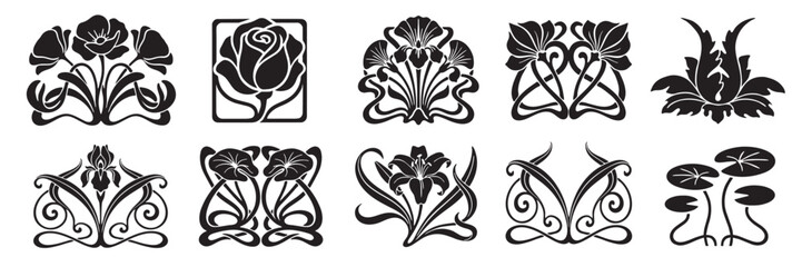 Fototapeta premium A set of ornamental decorative element. Floral and nature elements in art nouveau style.