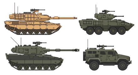 Set of Four Modern Military Vehicles: Main Battle Tank, Armored Personnel Carrier, Self-Propelled Artillery, and Tactical SUV © elfittria