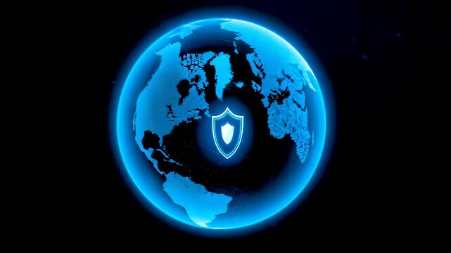 Glowing earth globe with shield security symbol highlighting global cybersecurity protection, data privacy and secure digital network systems