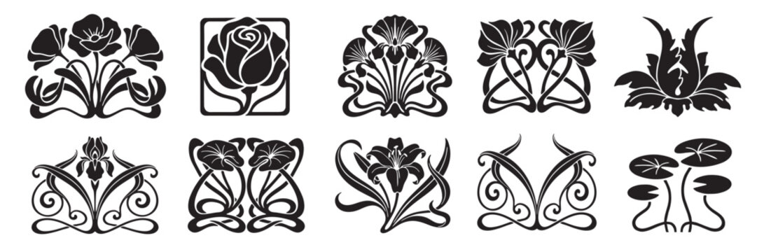 A set of ornamental decorative element. Floral and nature elements in art nouveau style.