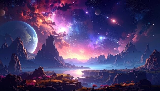 A breathtaking digital painting depicts a fantastical alien landscape bathed in the vibrant glow of a nebula and distant planets, showcasing a serene lake reflecting the cosmic spectacle.