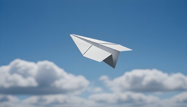Single white paper plane flying high in the bright blue sky with soft white clouds