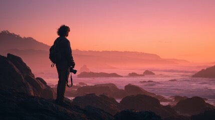 Fototapeta premium Golden sunrise silhouette of a young photographer on a rocky shoreline with the calm sea in the background