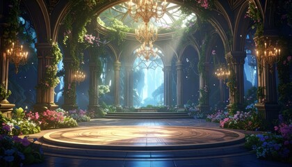 Obraz premium A breathtaking interior view showcases a grand hall adorned with lush greenery, vibrant flowers, and ornate chandeliers, bathed in soft, ethereal light.