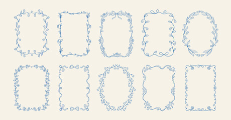 Set of floral coquette hand drawn frame with beautiful flowers, leaves, bow and ribbons in whimsical blue lines. Spring summer vintage elegant border perfect for wedding, invitation, greeting cards.