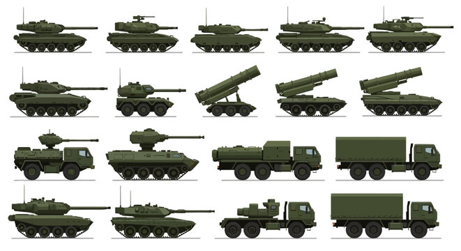 Set of military combat vehicles, heavy armored tanks, missile launchers, and logistics trucks icons in flat vector style