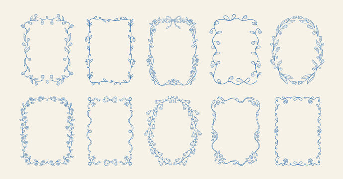 Set of floral coquette hand drawn frame with beautiful flowers, leaves, bow and ribbons in whimsical blue lines. Spring summer vintage elegant border perfect for wedding, invitation, greeting cards.