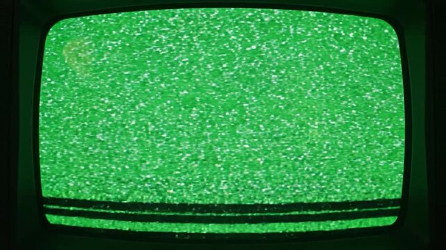 A vintage television screen displays static and a green screen, evoking a sense of retro technology and signal disruption
