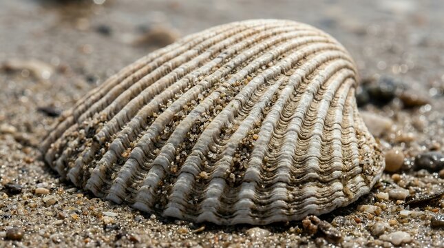 A close-up photograph of a ridged seashell resting on sandy beach