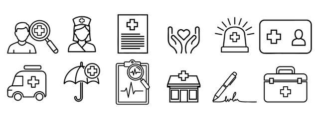 Fototapeta premium Medical care outline icon set, healthcare and medicine related icons ambulance, health protection, medical report, clinic, medical signature, icons.