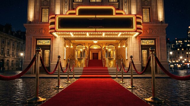 Beautifully restored vintage cinema entrance for exclusive corporate premieres displaying empty red carpets leading to golden ticket booths.