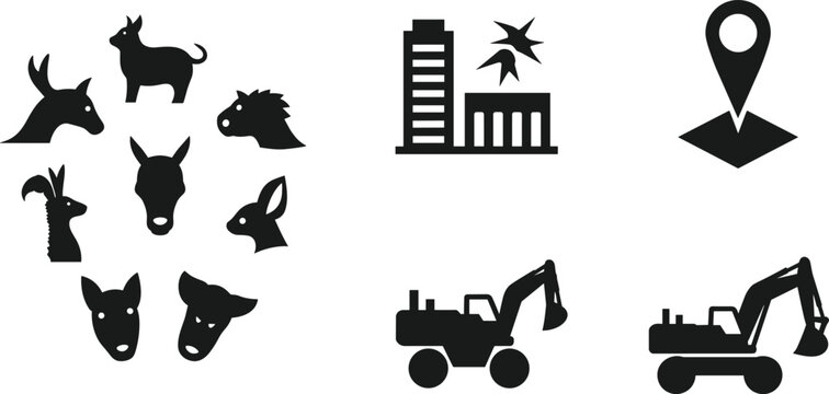 Animal head silhouettes with goat, cow, horse, deer, dog, llama, plus building, birds, location pin, construction vehicles, black vector icons