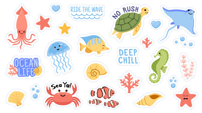 Cute ocean life sticker collection with sea animals, marine creatures, fish, turtle, seahorse, jellyfish, crab, coral, shells and motivational phrases in kawaii cartoon style