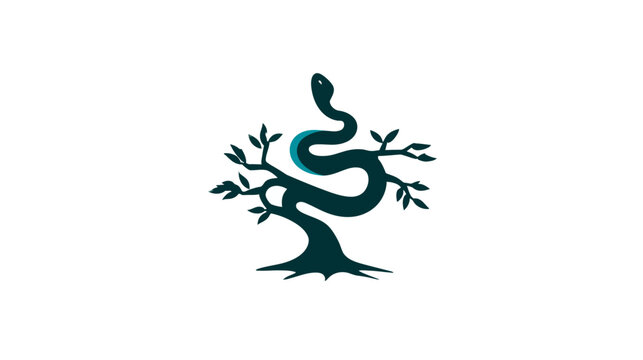 Elegant stylized dark blue serpent coiling around a mystical bare tree, isolated on a clean white background. Nature-inspired graphic illustration.