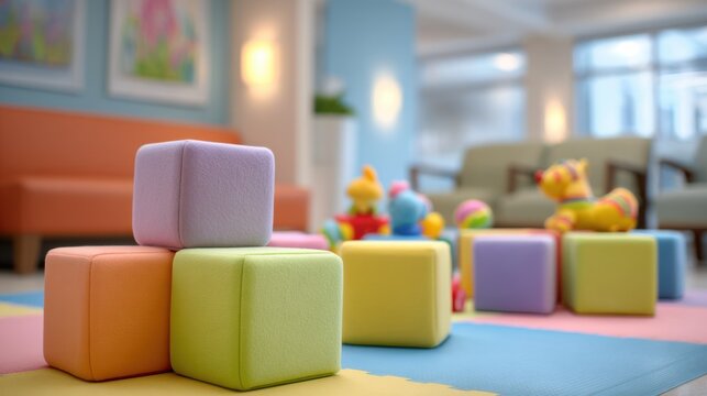 Medium shot of a brightly colored play corner in a pediatric waiting area featuring soft foam blocks and cheerful toys with a blurred background to highlight the childfriendly