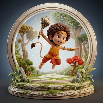 Bal Hanuman 3D Illustration - Flying Bal Hanuman with Mace in Enchanted Forest