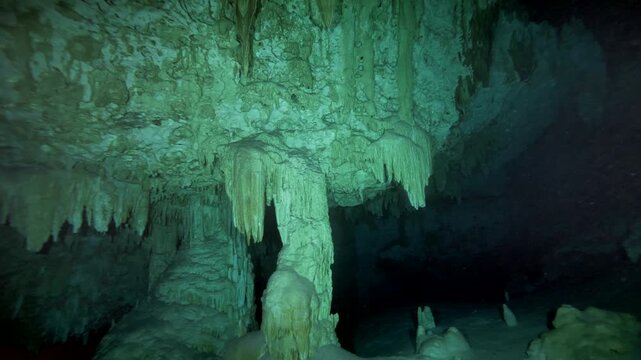 Tightly packed stalactites descend forming column-like structures in Cenote Dos Ojos, Quintana Roo, Mexico