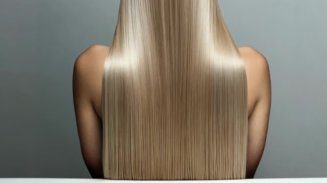 Woman with long healthy shiny hair from the back waving in slow motion against a grey background