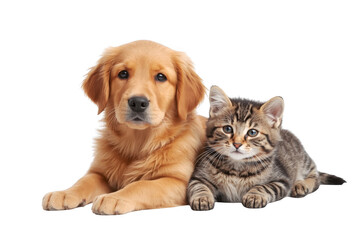 Fototapeta premium Golden retriever puppy and tabby kitten lying together, transparent background