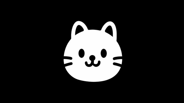 Cute minimalist white cat head icon on black background, simple feline cartoon illustration, adorable pet graphic design element
