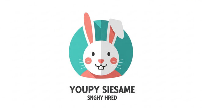 Cartoon bunny face with rosy cheeks smiling on teal background with text