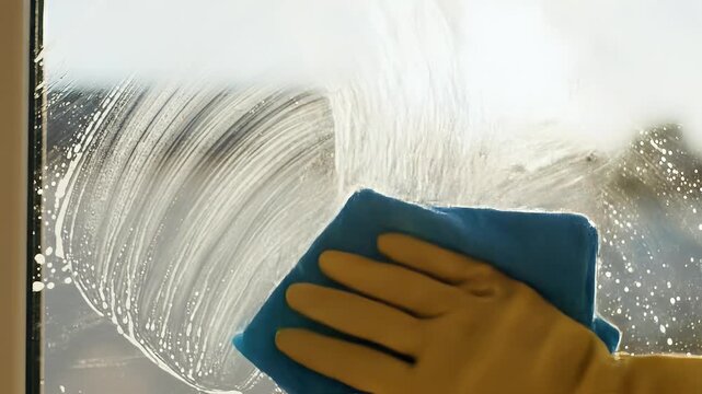 A close-up shot of a person wearing yellow rubber gloves meticulously cleaning a window with a blue microfiber cloth, leaving soapy streaks