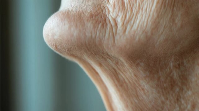 Macro close-up of a senior woman's chin and neck, showing wrinkled, sagging, and dry skin