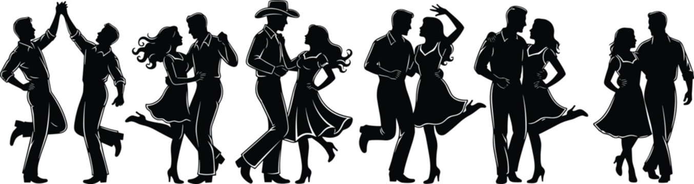 Collection of country dancing couple silhouettes, vintage western swing and rockabilly dancers set, flat vector illustration isolated on white.