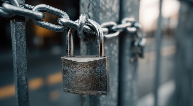 Close-up of a rusty padlock securing a metal chain wrapped around an aged iron fence