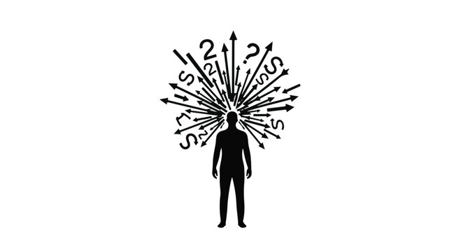 man with multiple question marks coming out of head confusion