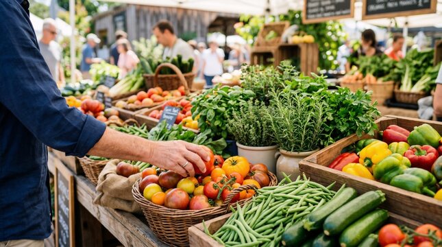 Man choosing fresh organic tomato at outdoor farmers market. Local agriculture and healthy food shopping. Sustainable lifestyle, rural trade event and vibrant produce stall concept.