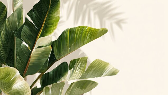 Large green tropical plant leaves with shadow detail on a neutral, pale beige background
