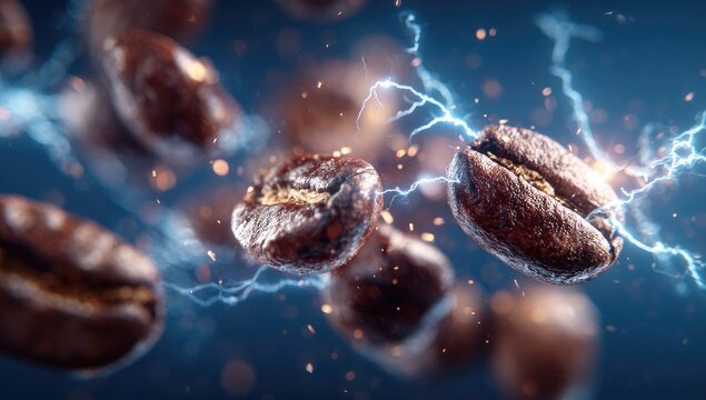Close-up of roasted coffee beans with electric bolts, on dark blue background
