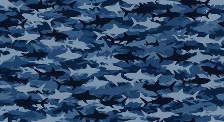 Seamless Blue Shark Camouflage Pattern, Abstract Navy Oceanic Camo Background with Fish Silhouettes for Apparel and Marine Design © tikasusy