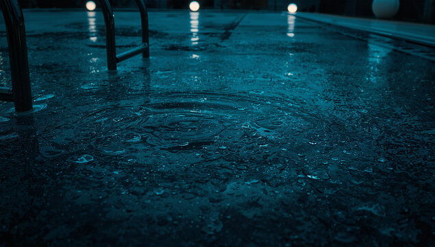 雨の夜更けに塩素が刺さる屋外プールと重い水の輪