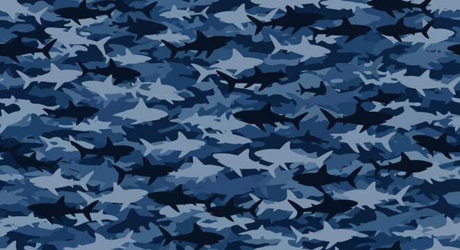Seamless Blue Shark Camouflage Pattern, Abstract Navy Oceanic Camo Background with Fish Silhouettes for Apparel and Marine Design