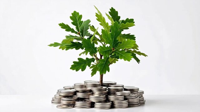 Flourishing oak sapling emerging vibrantly from a stack of silver coins clearly illustrates financial investment and sustainable growth.