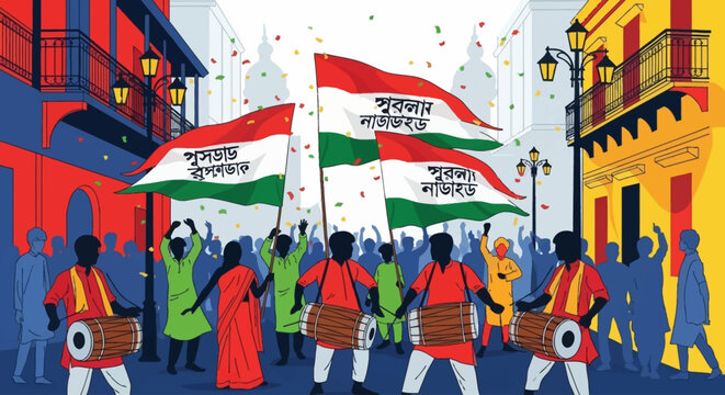 A vibrant illustration of people celebrating a festival on a street with tricolor flags and drummers, confetti falling.