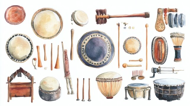 Collection of hand-painted percussion instruments and mallets arranged on white background, watercolor illustration with warm earthy tones.