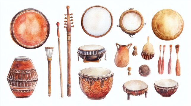 Collection of hand-painted percussion instruments and mallets arranged on white background, watercolor illustration with warm earthy tones.