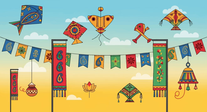 Colorful illustration of Indian kite festival with decorative banners and traditional elements under a blue sky.