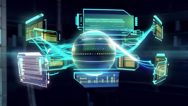 Futuristic holographic user interface animation with floating hud elements and cyber data graphics in a digital environment
