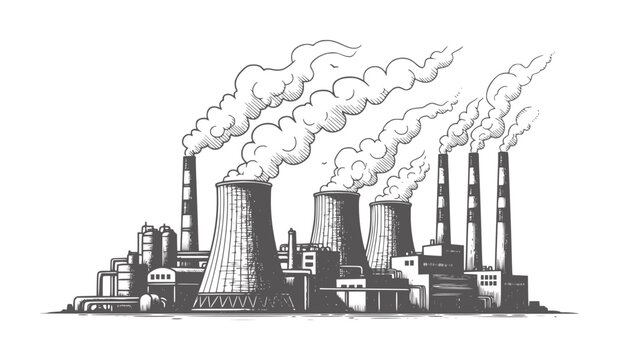 Industrial power plant with cooling towers and smokestacks emitting smoke industry
