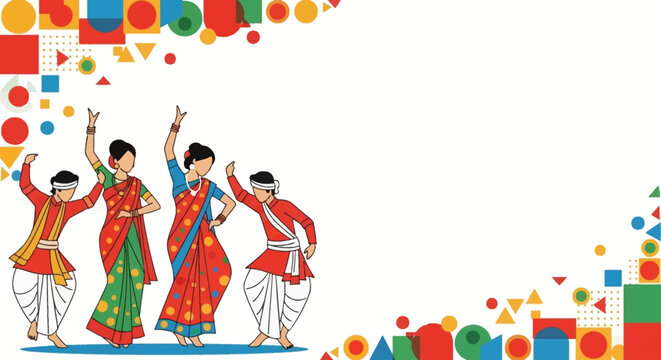 Illustration of four people, two men and two women, in traditional Indian attire dancing joyfully amidst a vibrant border of colorful geometric shapes.