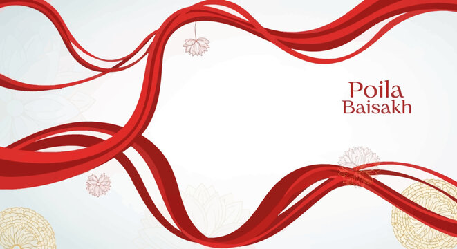 A festive abstract background with red wavy ribbons and decorative floral elements, celebrating Poila Baisakh.