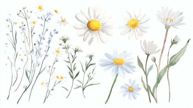 Watercolor botanical illustrations of yellow and white daisy-like flowers: three separate arrangements including single stems and a circular wreath, soft green leaves on white background.