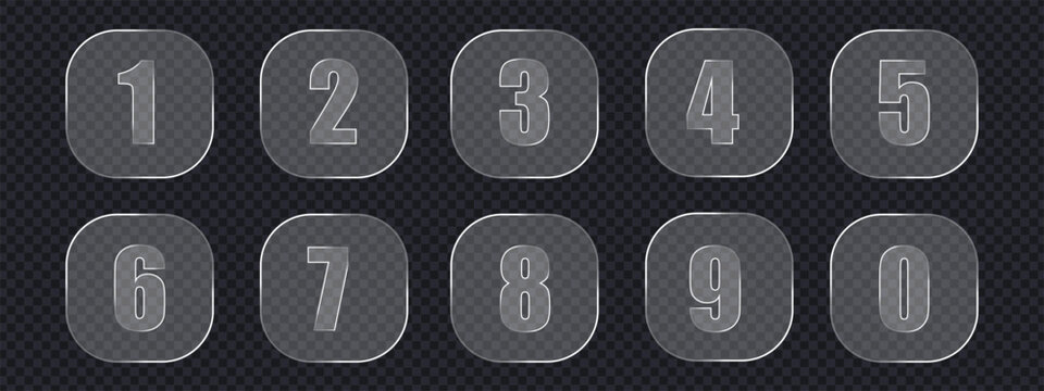 Modern glass morphism number set from 0 to 9 on transparent background. Frosted crystal glass numeric characters for UI and countdown design. Vector Illustration.