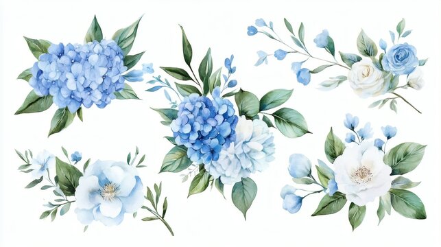Soft watercolor floral arrangement with blue hydrangeas and white peony on white background